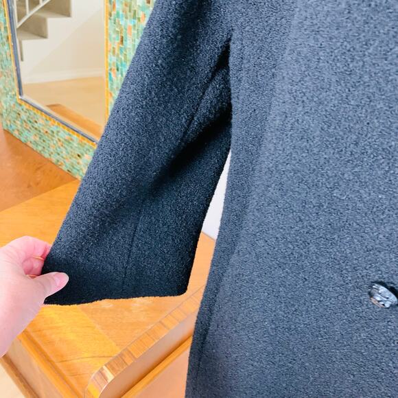 Vintage Forstmann Large Wool Coat Real Fur Collar Black Bouclé Double Breasted - Picture 5 of 10